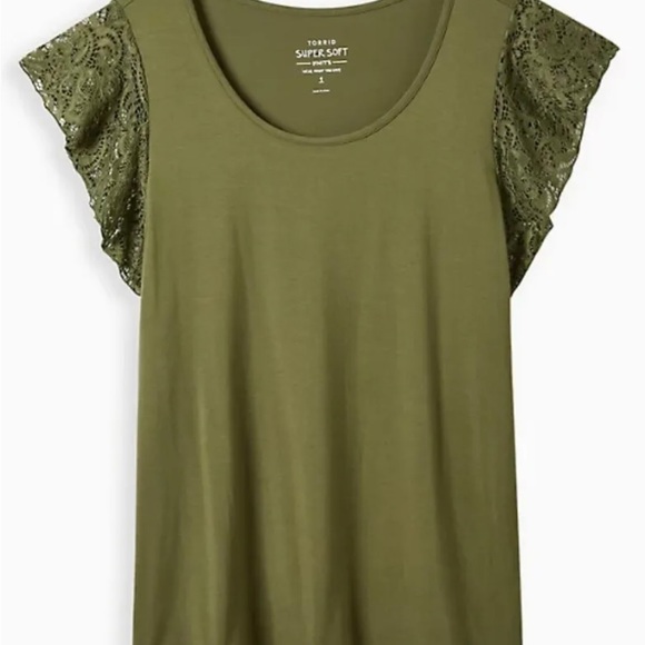 NWT TORRID Olive Green Super Soft Scoop Neck Lace Flutter Sleeve Top~ 2 - Picture 4 of 4